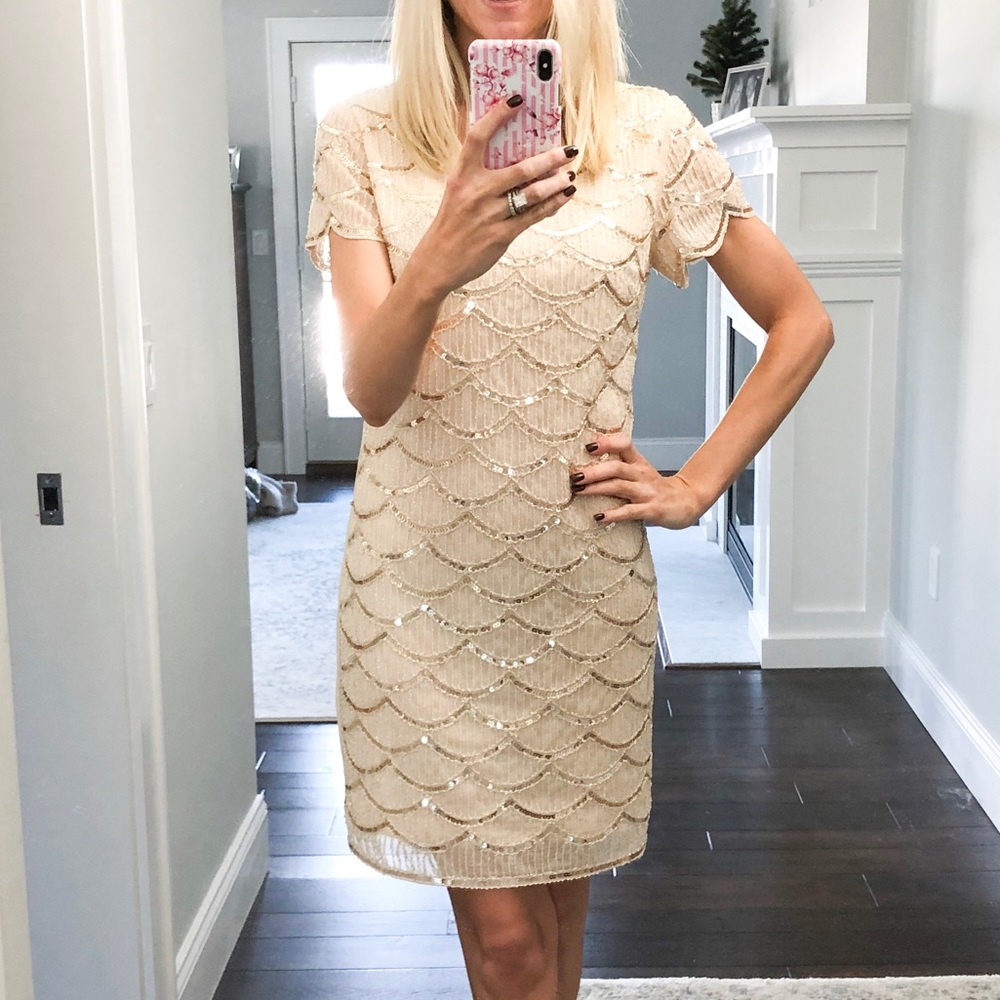 Tan sequin shift dress